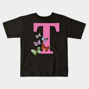 Letter pink T with colorful butterflies Kids T-Shirt